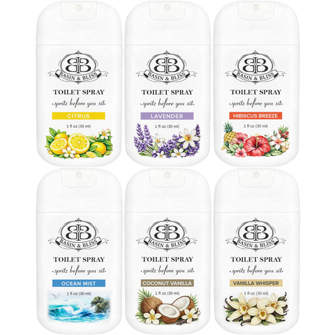Basin & Bliss Toilet Spray, Spritz Before You Sit, Travel Size, 1 fl oz, 6 Pack, Assorted Scents