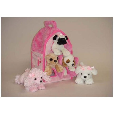 Plush Pink Dog House with Dogs - Five (5) Stuffed Animal Dogs in Pink Play Dog House Case