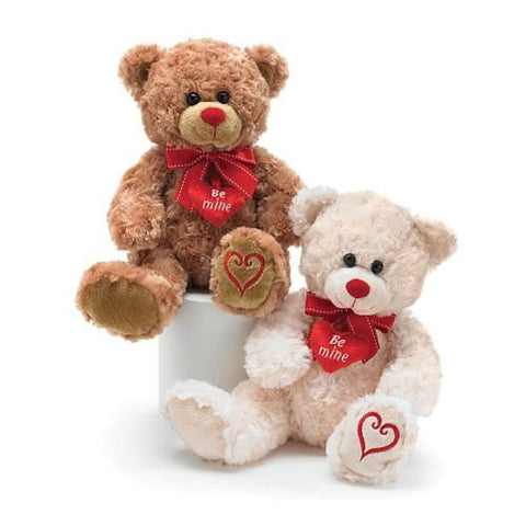 Valentine's Day Teddy Bears - Set of Two - One Tan, One White - Features Red Ribbon, "Be Mine" Heart and Embroidered Heart on Foot. 10 inches tall