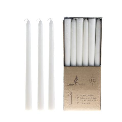 Mega Candles - Unscented 10 Taper Candles - White, Set of 12