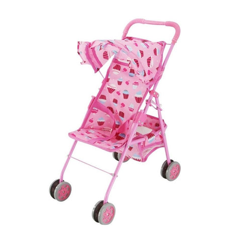 Baby Doll Stroller, Precious Pink with Cute Cupcake Design with Hood & Basket, My First Doll Stroller, Fold N' Go, The Best Toy Doll Accessory, The Perfect Gift for your Children. ( New Design)