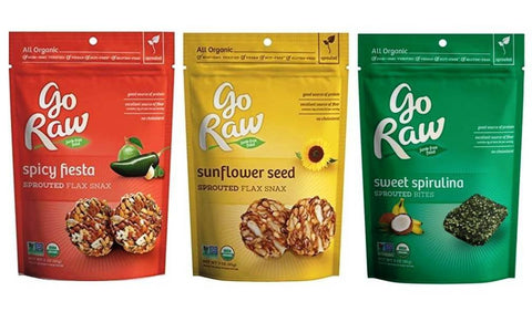 Go Raw Organic Gluten-Free Vegan Sprouted Bites and Snax 3 Flavor Variety Bundle: (1) Spicy Fiesta Flax Snax, (1) Sunflower Seed Flax Snax, and (1) Sweet Spirulina Bites, 3 Oz. Ea. (3 Bags Total)