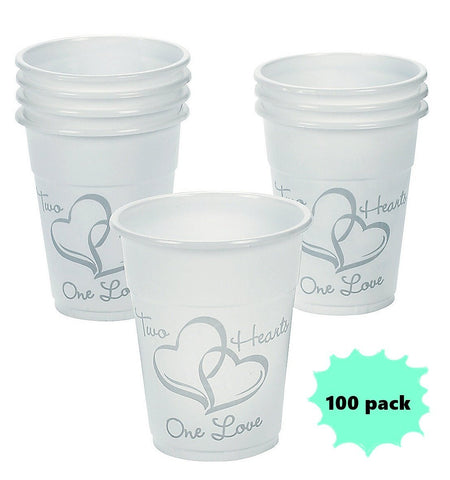 Plastic Disposable Two Hearts Wedding Cups 16oz (100 Cups)