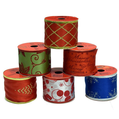 6 Pack Christmas Ribbon; Wire Edge Ribbon of 3 Yards Each; 2 1/2" Wide; Total of 18 Yards of Christmas Ribbon!