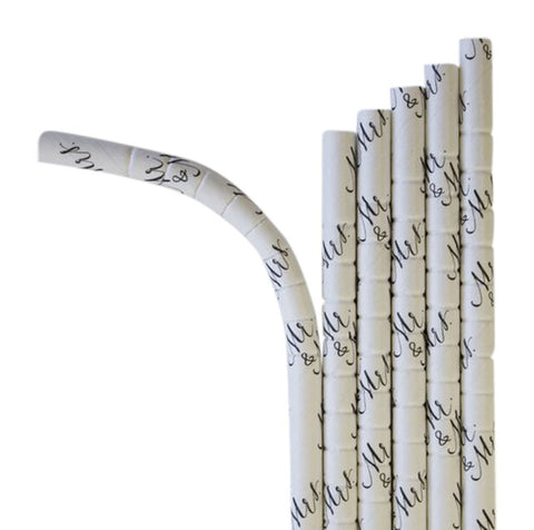 100 Mr & Mrs. Wedding Eco Flex Drinking Paper Straws- 7.75 Inches - Pack of 100 Pieces - for Wedding, Bridal Shower, Anniversary Parties and More