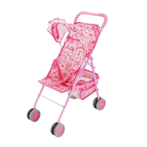 Baby Doll Stroller, Precious Pink with Swirls Design with Hood & Basket, My First Doll Stroller, Fold N' Go, The Best Toy Doll Accessory, The Perfect Gift for your Children.