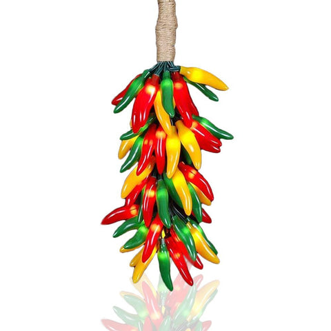 Sival Chili Pepper Rista Cluster Lights - Plug In - 50 Red Green Yellow Bulbs with Light Brown Wire - Fiesta Swag - UL Listed