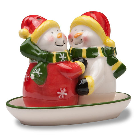 Gift Boutique Christmas Salt and Pepper Shakers on a Tray; Adorable Hugging Snowmen