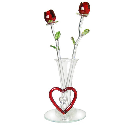 Gift Boutique Red Roses in Glass Vase with Red Heart and Hanging Crystal Heart Shaped Charm on Mirror Base - Crystal Roses That Will Last Forever; Valentines Day Gifts