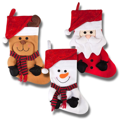 19" Long 3D Happy Plush Christmas Stockings; Set of 3; Santa, Reindeer & Snowman!