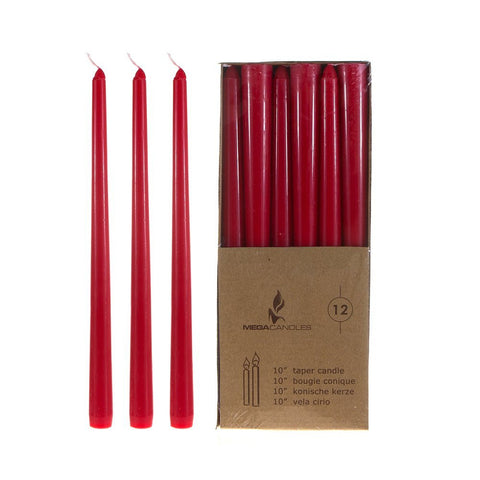 Mega Candles - Unscented 10" Taper Candles - Red, Set of 12