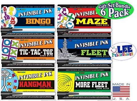Invisible Ink: Yes & Know Game Books "Bingo", "Tic-Tac-Toe", "Hangman", "Maze", "Fleet" & "More Fleet" Activity Books Gift Set Bundle - 6 Pack
