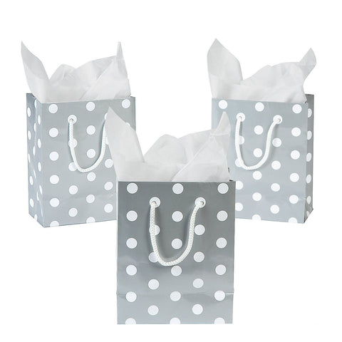 1 Dozen - Paper Small Silver Polka Dot Gift Bags