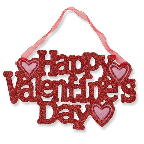 Happy Valentines Day Sign; Valentine's Day Glittered Hanging Sign 5" x 11"