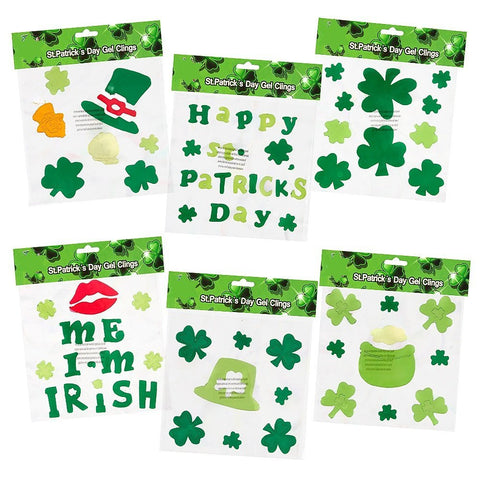 6 St. Patrick's Day Gel Clings; Includes: Shamrock, Leprechaun Hat, Pot-O-Gold, Kiss Me I'm Irish and More!!