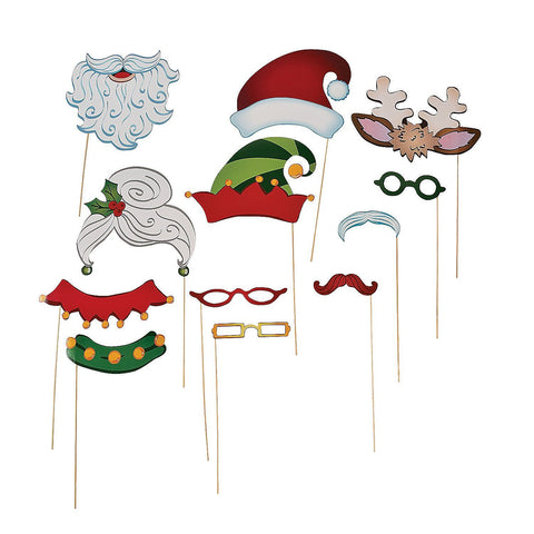 Christmas Santa & Elf Stick Costume Photo Booth Props - 12 pcs