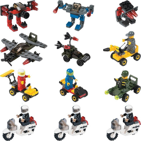 12 Mini Building Block Vehicle Sets Police Motorcycle Army Planes Army Jeep Character Vehicle Cars Robots Party Favor Stocking Stuffer