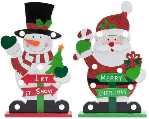 Set of 2 Christmas Decorations; Light-up Santa and Snowman Christmas Table Decorations; Made of Wood & Measures 16" Tall!!