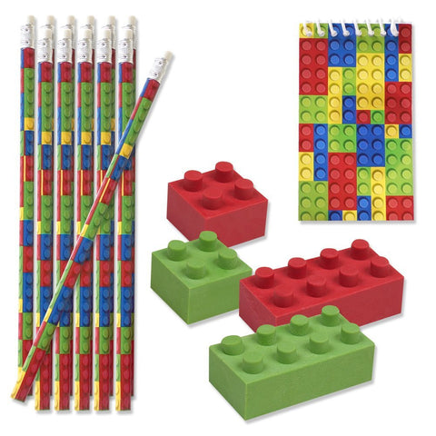 48 piece Building Block Party Favors; 12 Building Block Pencils, 24 Building Block Erasers & 12 Building Block Notepads!