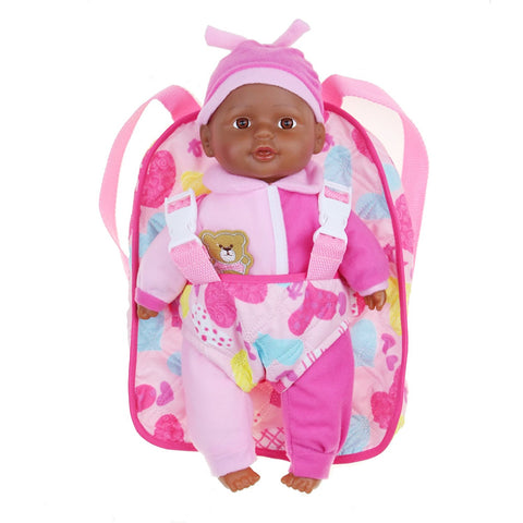 Soft Baby Doll With Take Along Pink Doll Backpack Carrier, Briefcase Pocket Fits Doll Accessories and Clothing African American 12 Inch