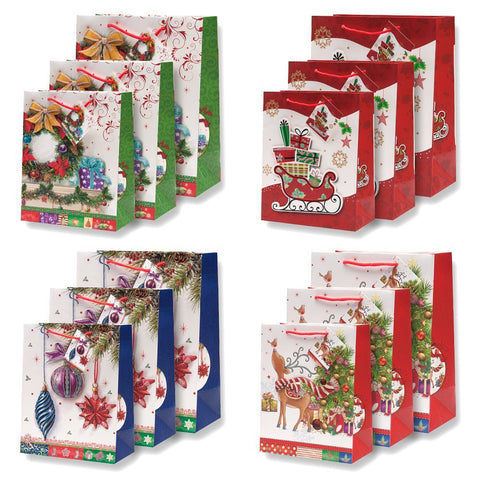 12 Pack Beautiful Glitter Pop Up Christmas Gift Bags in Assorted Designs & Sizes! 4 Designs in 3 sizes each- Small, Medium & Large by Gift Boutique