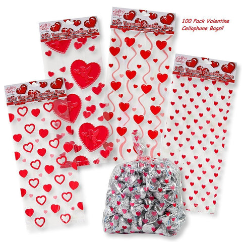 Valentine Cellophane Bags 100 Count , 4 Assorted Styles