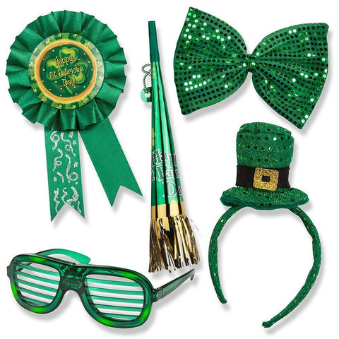 St. Patrick's Day Set; St. Patrick's Day Light up Glasses, Giant Bow Tie, Award Ribbon Pin, Mini Hat Headband, & Horn on a Chain!!