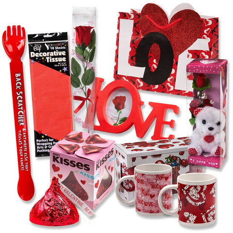 Valentine Gift Set; Complete with Gift Bag, Tissue Paper, Red Rose, "I Love You" Mini Bear, 2 Valentine Mugs & 1 Large of Hershey Red Kiss! Assembly Required.