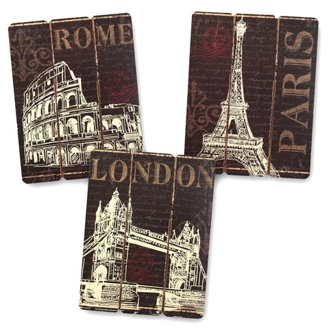 Paris, London and Rome Wooden Wall Art Home Decor, Set of 3