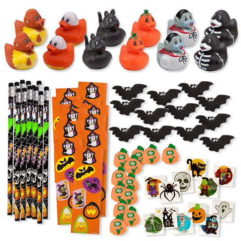 156 Piece Mega Halloween Toy Novelty Assortment; 12 Halloween Ducks, 12 Halloween Pencils, 12 Halloween Sticker Sheets; 48 Halloween Erasers; 72 Halloween Glitter Tattoos!!