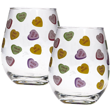 Valentine Stemless Wine Glasses Conversation Hearts Design Set of 2; Valentines Day Gifts
