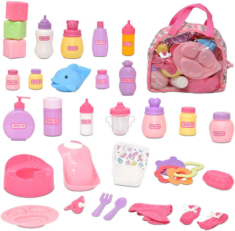 Dolls Baby Diaper Bag with Accessories, Care Kit Feeding Set with Changing Accessories Includes Bottles