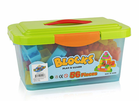 56 Pieces Plastic Play and Learn Childrens Colored Blocks in Transparent Container; Large Size Colored Builders Bloks; Brilliant Basics Baby's First Blocks