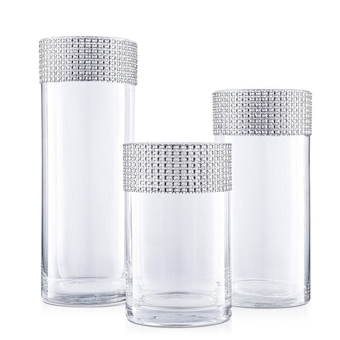 Gift Boutique Cylinder Glass Vase, Set of 3 with Silver Crystals;Wedding Centerpieces, Tea Light Holder, Candy Glass Holder, Party Centerpieces and more!