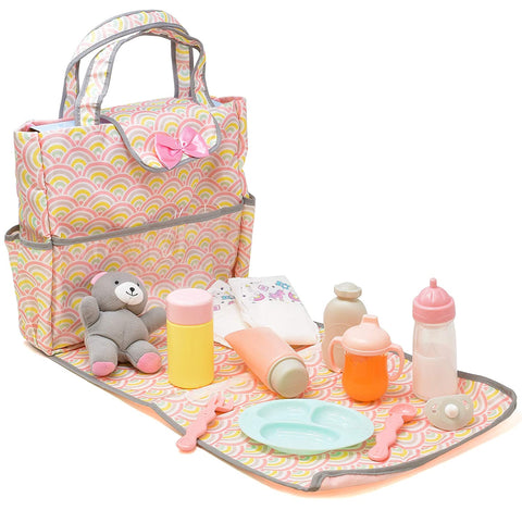 Baby Doll Diaper Bag with Accessories, Doll Care Kit Changing Set Includes Magic Disappearing Milk Bottle, Juice Bottle, Diapers, Feeding Plate, Pacifier, Teddy Bear