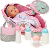Baby Doll Feeding Set, 16 Inch Soft Body Baby Doll with Carrier Bassinet Bed, Includes Diaper Bag, Realistic Bottle, Bib and Pillow
