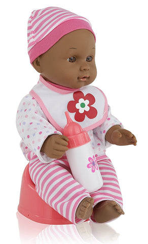 Super Cute 12" Dark Skin Baby Doll, Comes with a Training Potty, Adorable Bib, and Baby Bottle, Give your Daughter the Right Training While She Does it Herself.