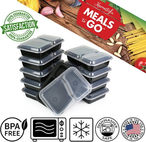 Meals-to-Go Lunch Box Containers with Lids - BPA Free Plastic–Stackable, Reusable, Microwave Safe - Bento Lunch Box Sets–10 Pack (30 ounce, 2 compartment container with lid)