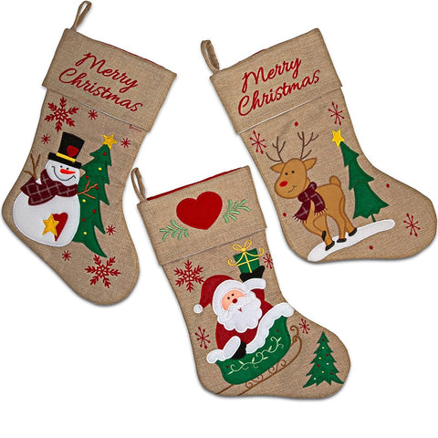 18" Burlap Christmas Stockings set of 3 by Gift Boutique