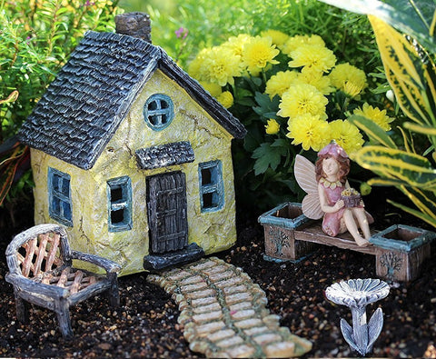 Gift Boutique Deluxe Fairy Garden Kit with Fairy Garden House, Fairy, Bench Planter, Stone Walkway, Chair and Birdbath