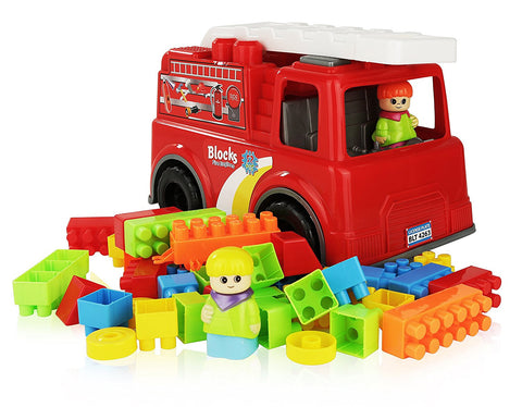Fire Truck with Blocks, 52 Piece set, comes with Characters, Build on the Truck itself, Truck Could be used as a Wagon, Hours of Fun for your Kids!