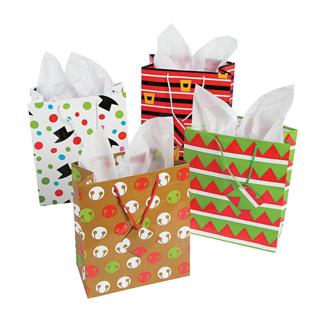 12 Assorted Christmas Gift Bags - Medium Size, Assorted Bright Prints