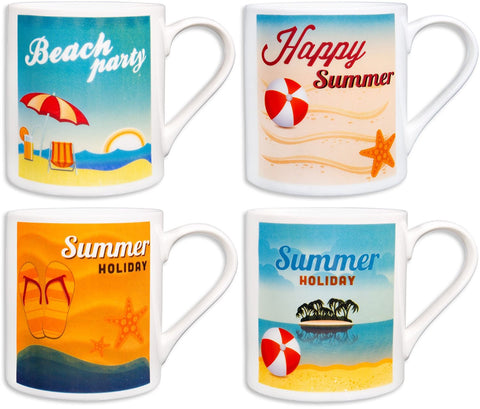 Beach Party Mugs 17 oz. (Set of 4) includes Beach Chair, Beach Ball, Flip Flops etc.