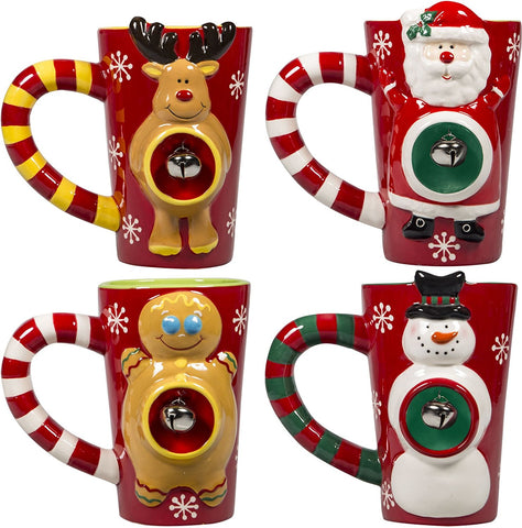 4 Assorted 16 Oz Christmas 3-D Character Latte Mugs With Jingle Bell In Belly