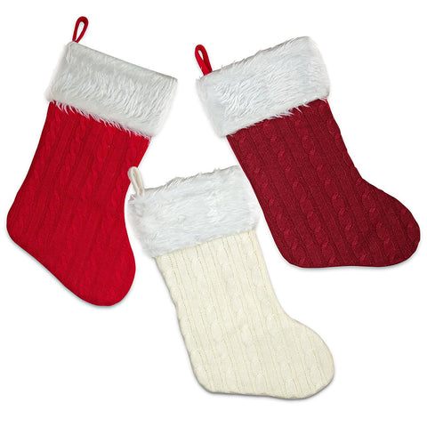 Gift Boutique Knitted Christmas Stockings set of 3; Large 17" Made of Cable Knit Includes: White, Red and Burgundy