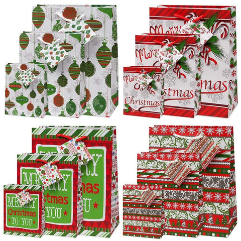 Christmas Bags in 4 Assorted Designs, 3 Different Sizes; 4 Small, 4 Medium & 4 Large Bags, (12 Pack)