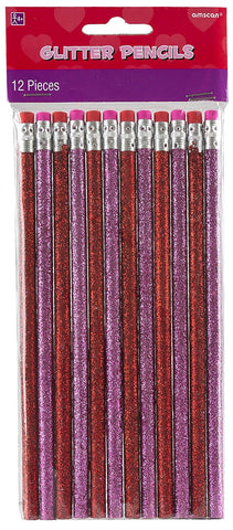 Amscan Valentine's Day Glitter Pencil (Pack Of 12), Red/Pink, 7 1/2"