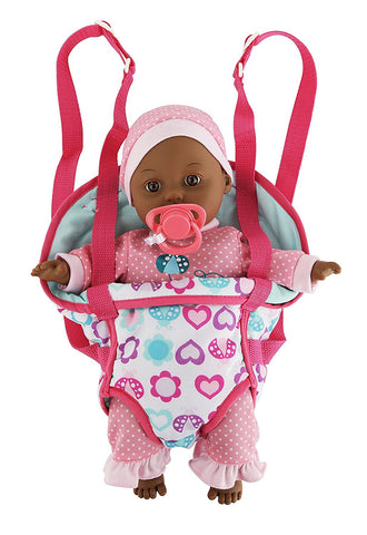 13" Dark Skin Baby Doll With Take Along Pink Doll Carrier and Pink Pacifier, Doll makes Baby Noises