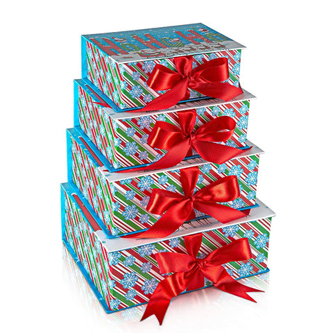 Christmas Nested Gift Box Tower Set of 4; Rectangular Shape with Red Ribbon Closure