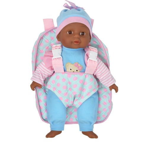Soft Baby Doll With Take Along Pink Doll Backpack Carrier, Briefcase Pocket Fits Doll Accessories and Clothing African American 13 Inch